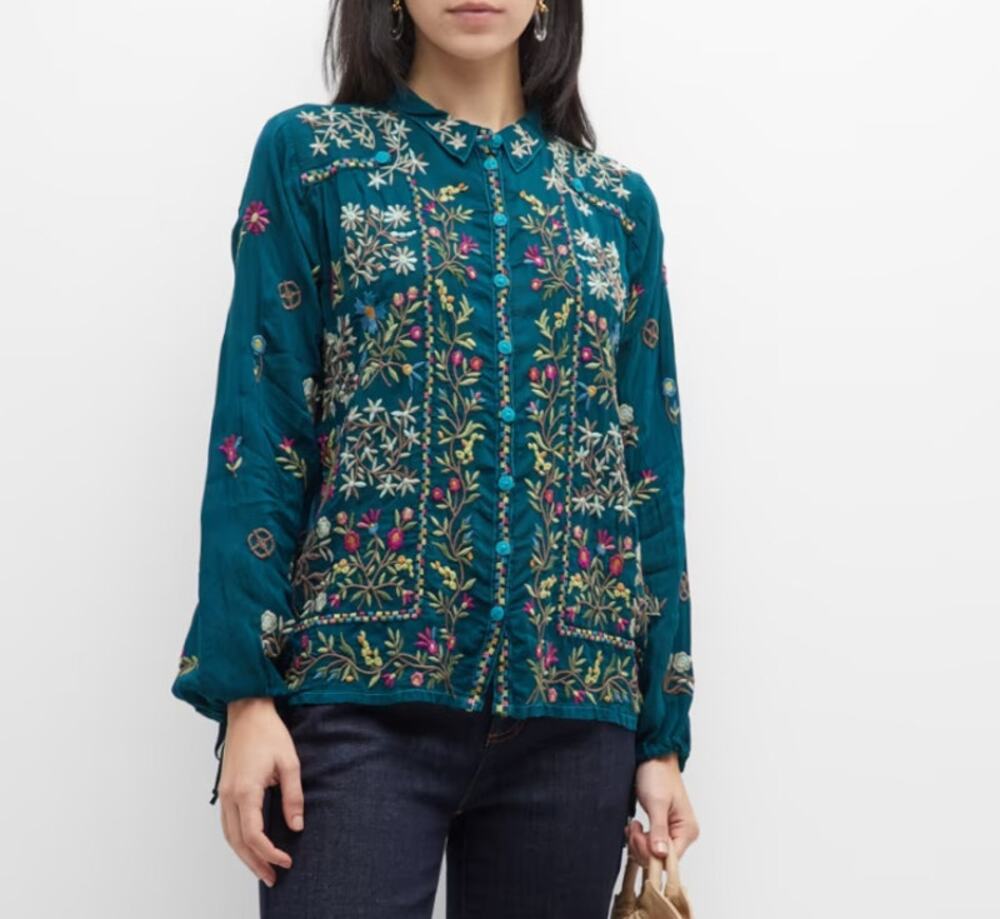 Womens Johnny Was BETHAN BLOUSE Blue Embroidered Size S EUC!